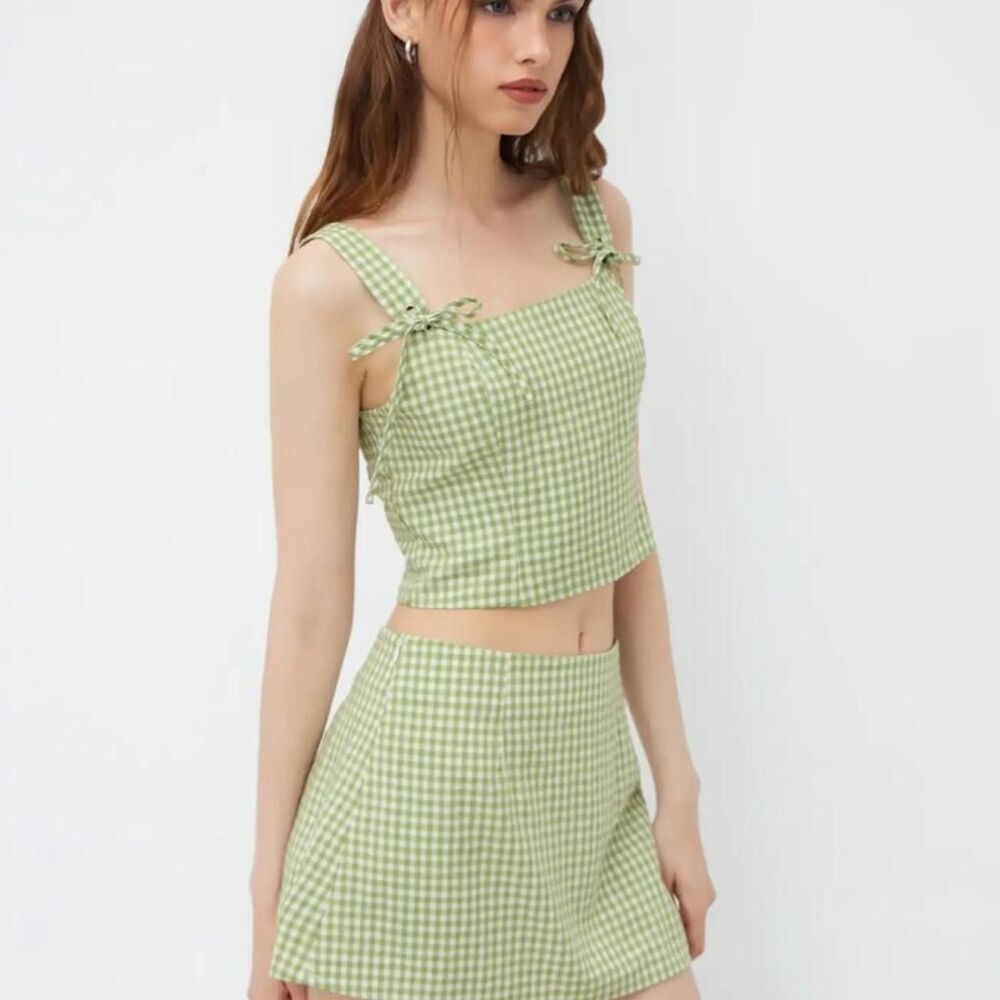 NWT Cider Green Gingham Bow Tie Crop Top Skort Matching Set XS Cottagecore